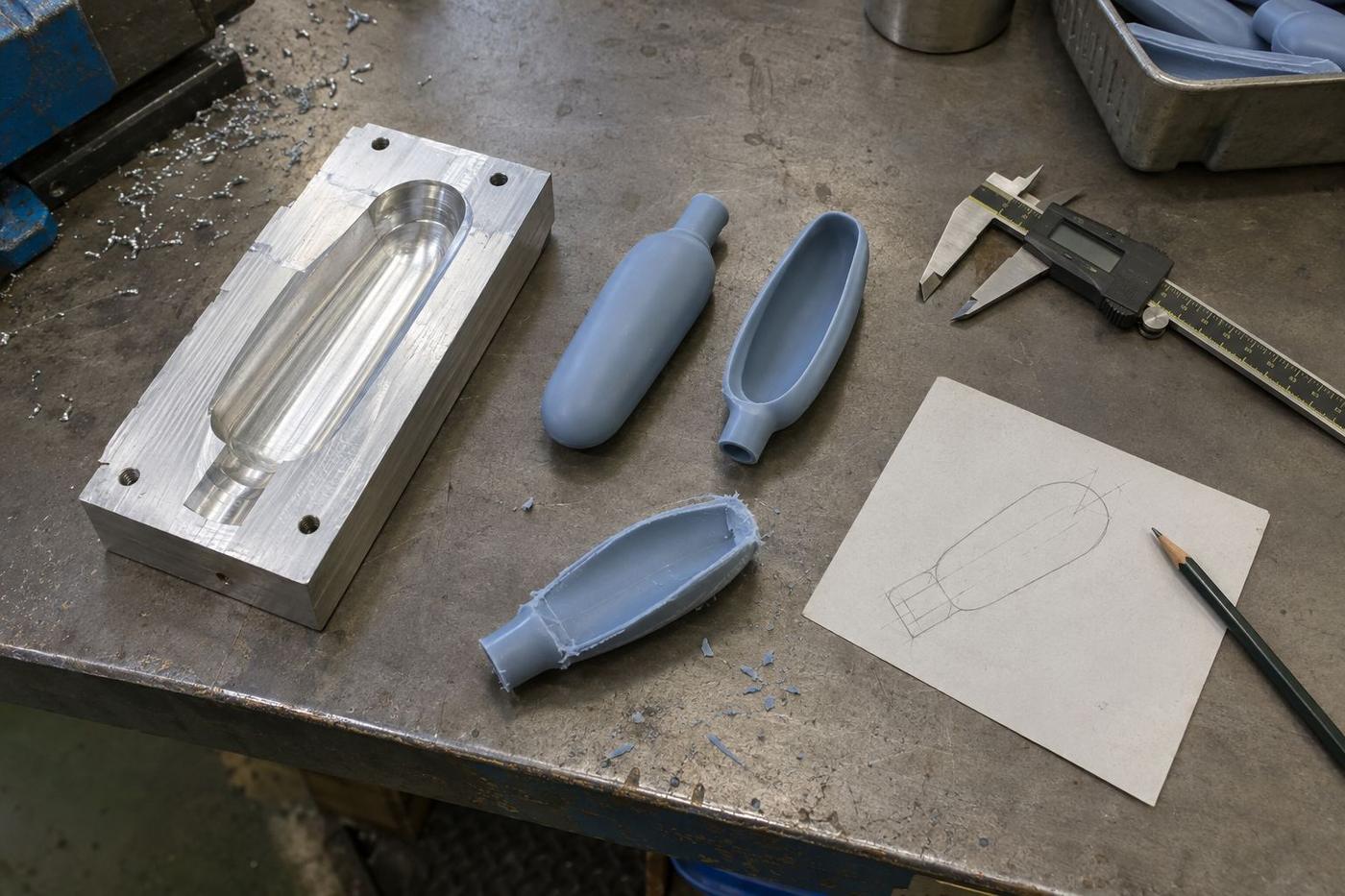 Prototype tool halves and first-off silicone parts on a bench