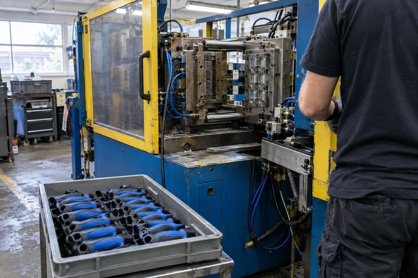 Two-shot moulding machine area with finished rigid-soft components nearby