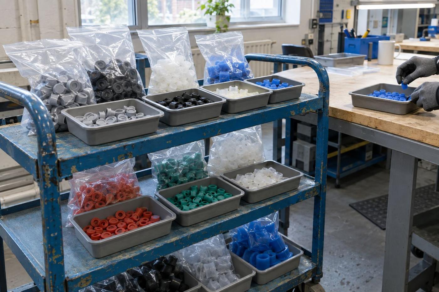 Small separated batches of silicone parts on trays and in bags