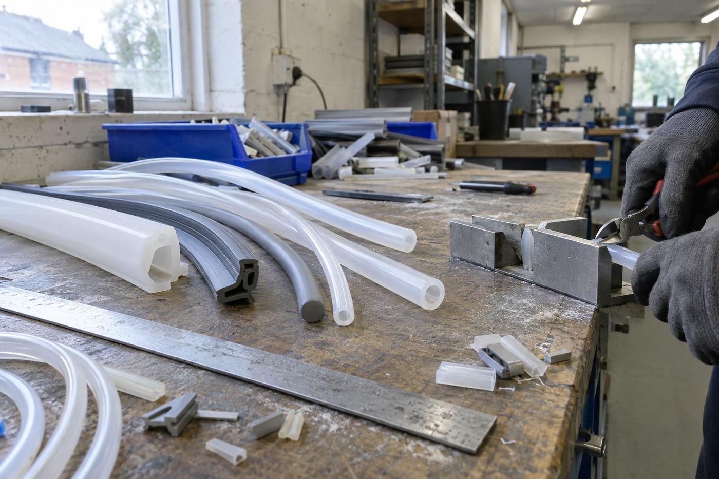 Extruded silicone profiles, cord and tube on a workshop bench
