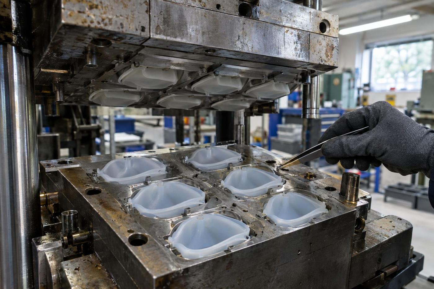 Open silicone injection mould tool with parts being removed