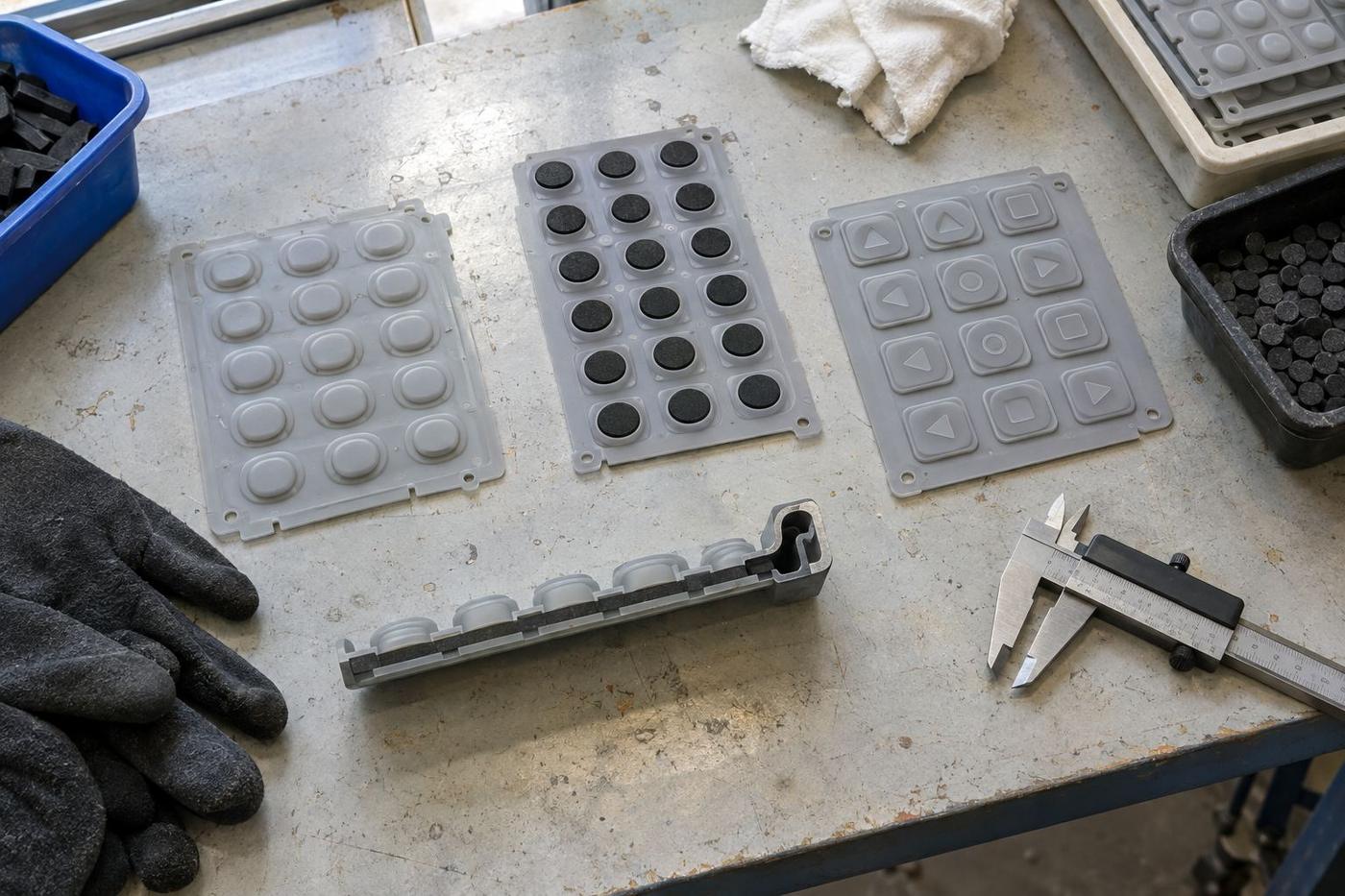 Silicone keypad mats and button components on an inspection table