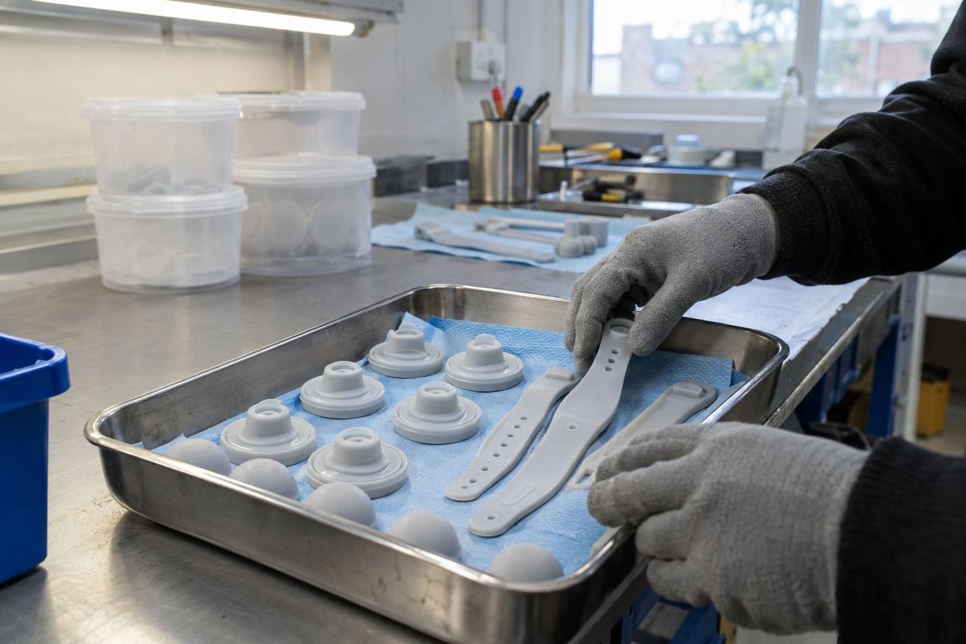 Gloved hands handling clean silicone wearable and skin-contact components