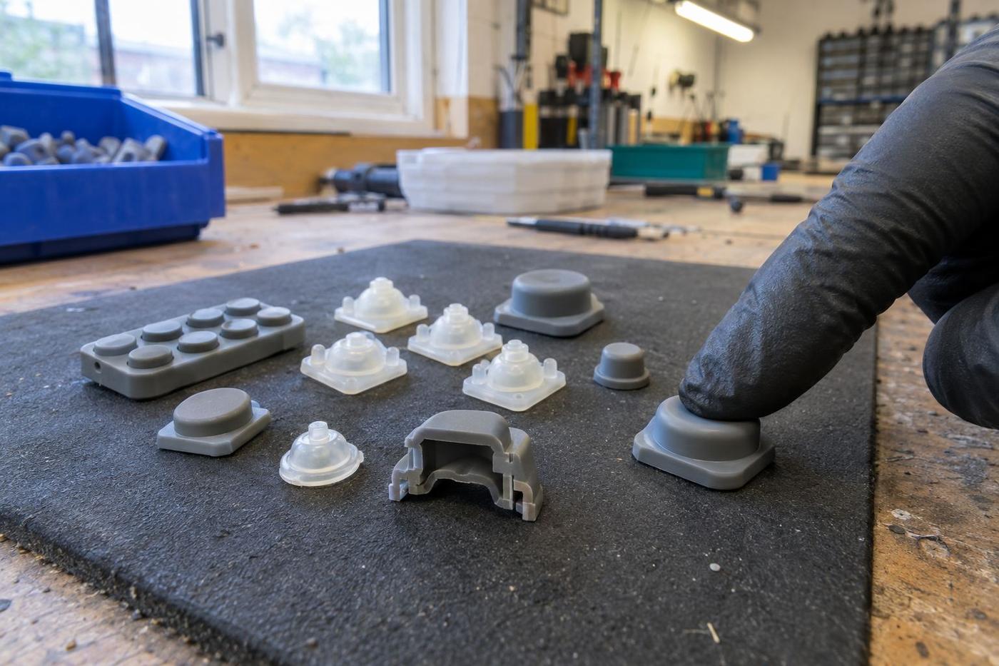 Silicone button parts and tactile dome samples on a bench mat