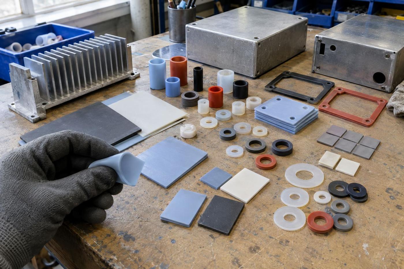 Silicone thermal pads, sleeves and washers on an electronics bench
