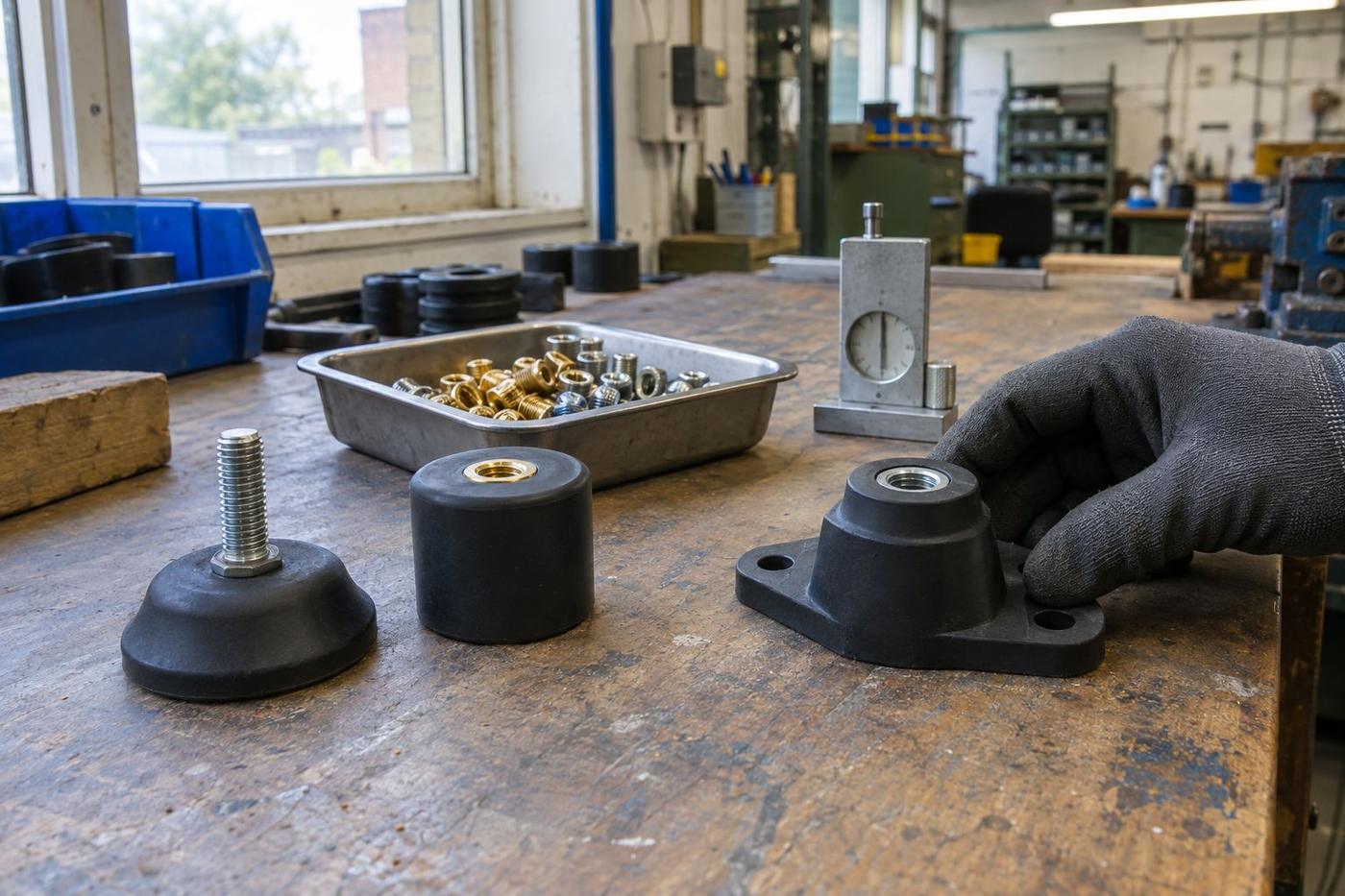 Rubber parts with moulded-in threaded inserts on a workbench