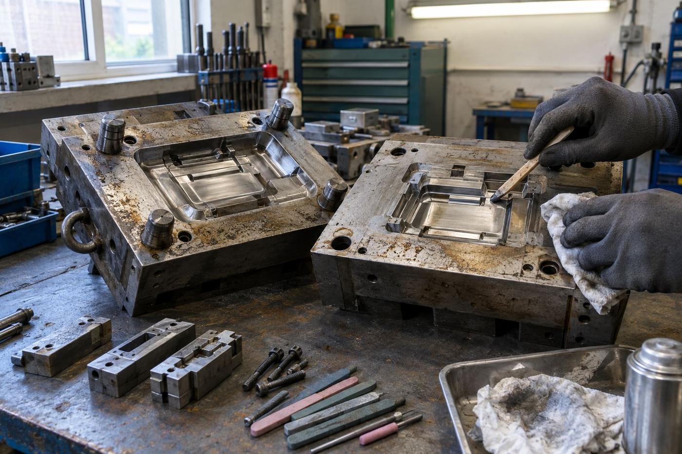 Gloved hands refurbishing a worn steel mould tool
