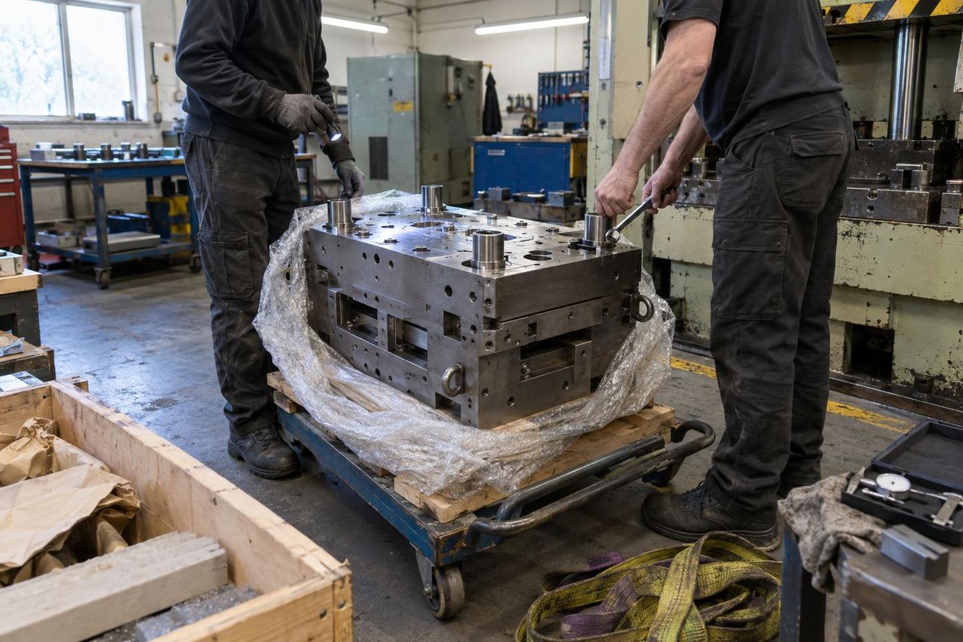 Transferred mould tool being checked beside a factory press