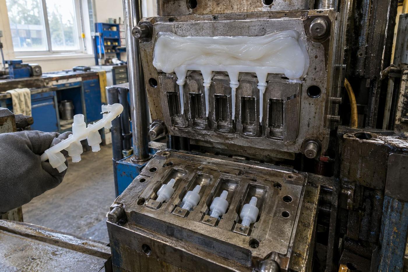 Transfer mould tool showing pot, sprues and silicone preform