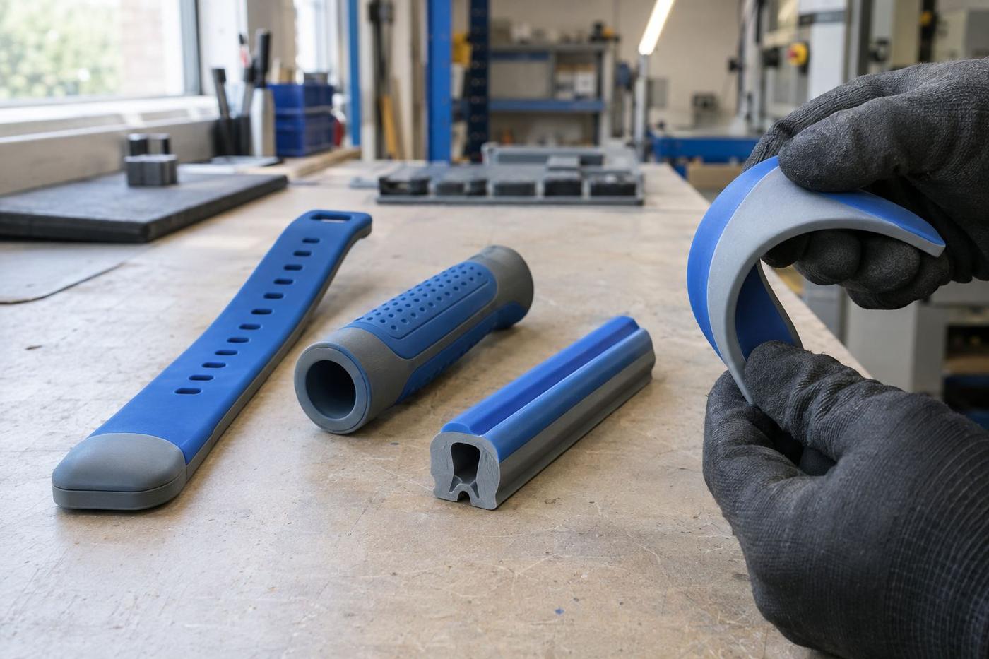 Two-colour silicone parts showing soft and firm material zones