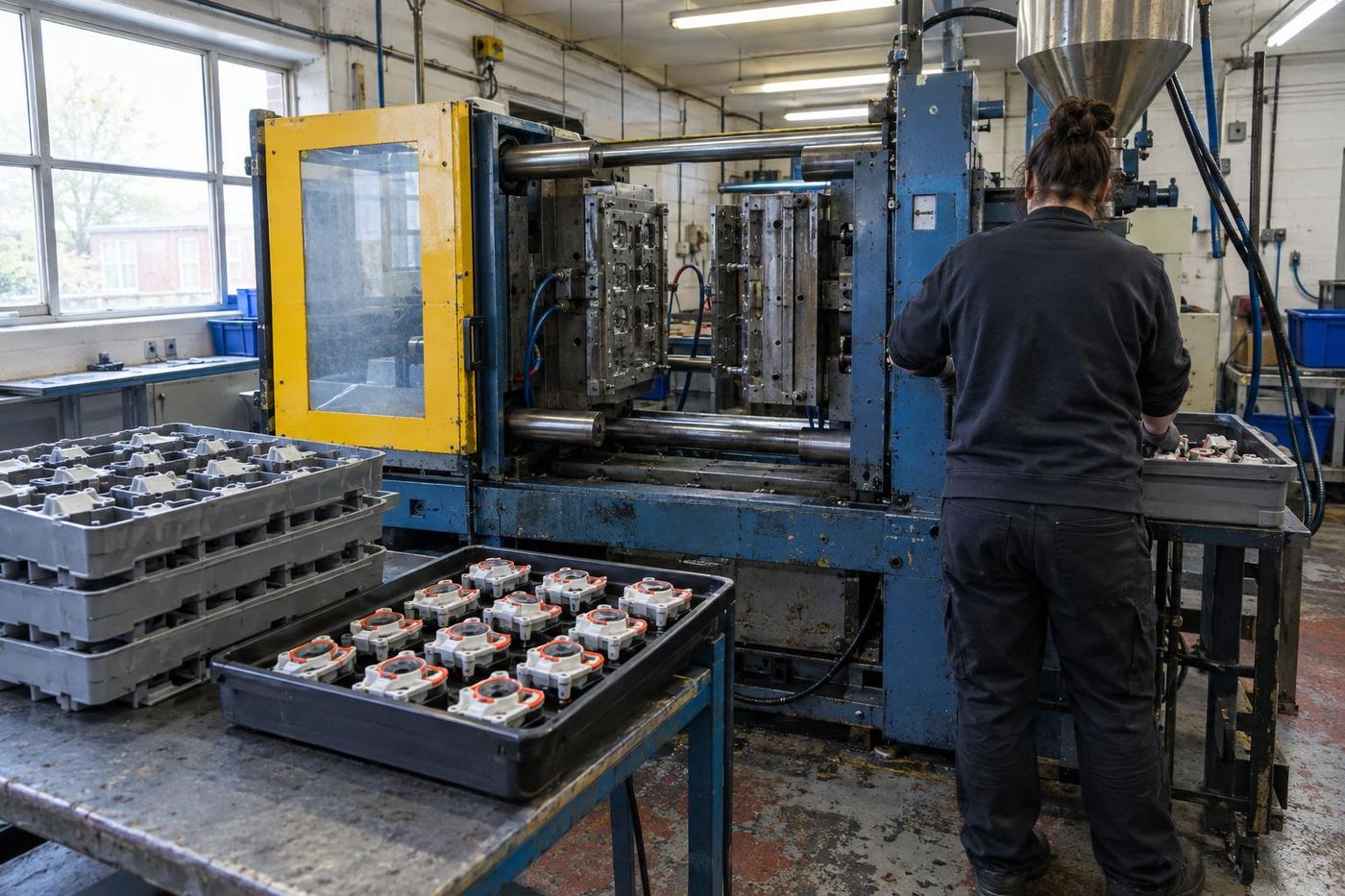 Two-shot moulding press producing combined plastic and silicone parts