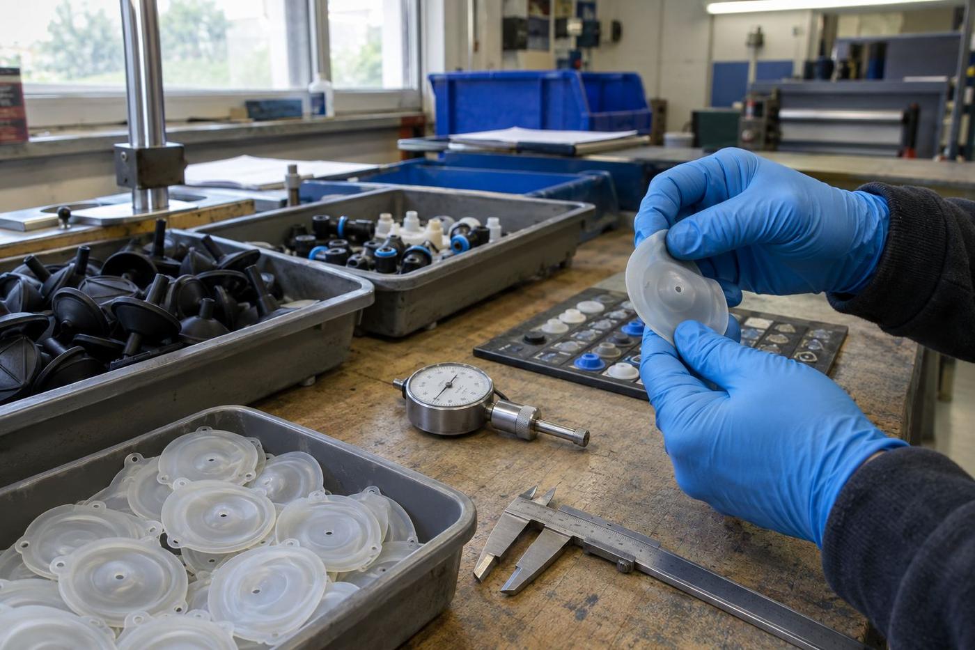 Gloved hands inspecting silicone diaphragms and small valve components on a bench.