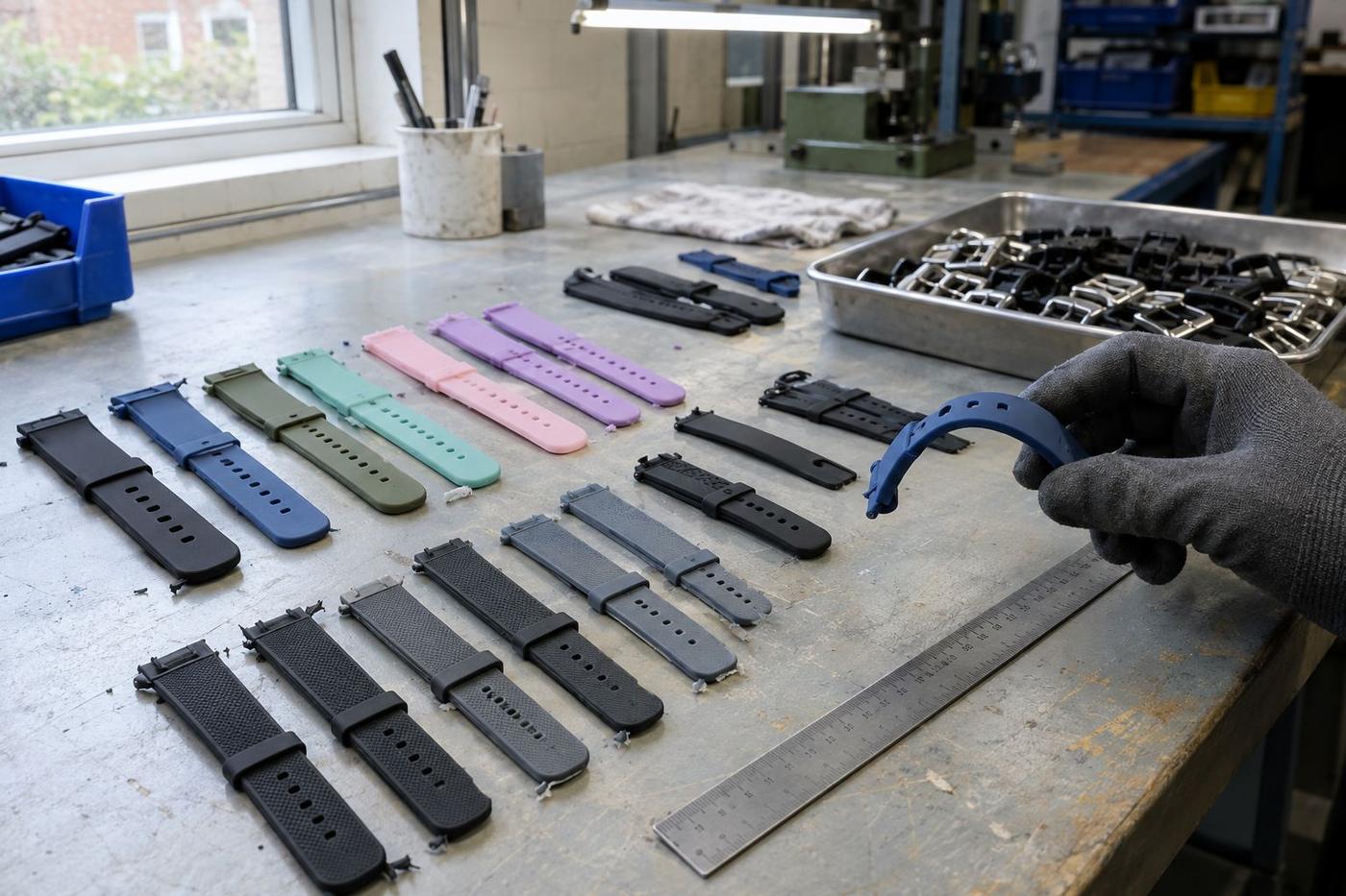 Silicone watch straps laid out on a worn workshop bench.