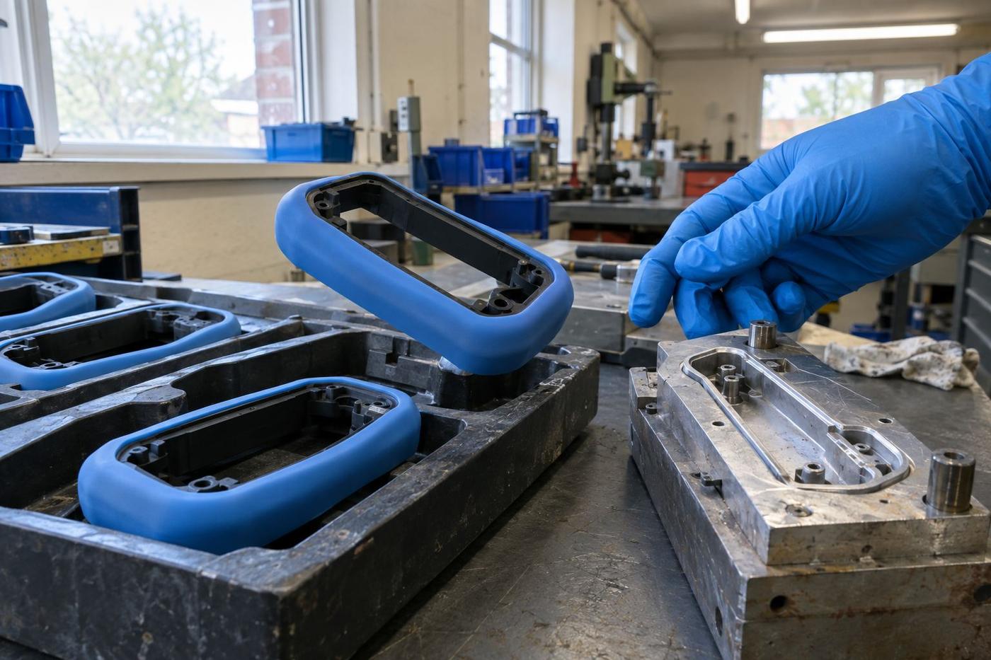 Overmoulded wearable parts with silicone bonded to rigid internal frames.