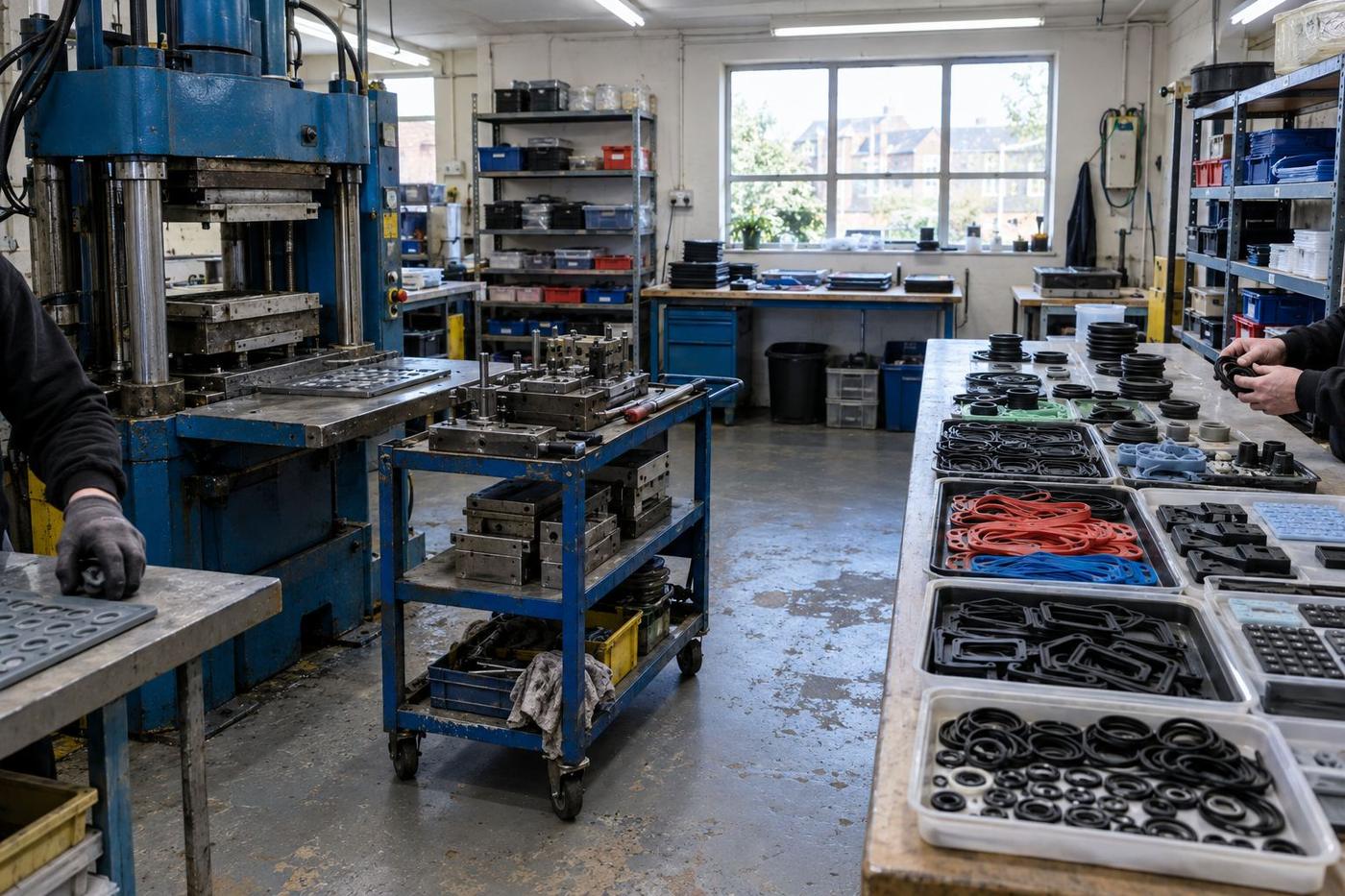 Small workshop showing presses, tooling and varied silicone parts in production.
