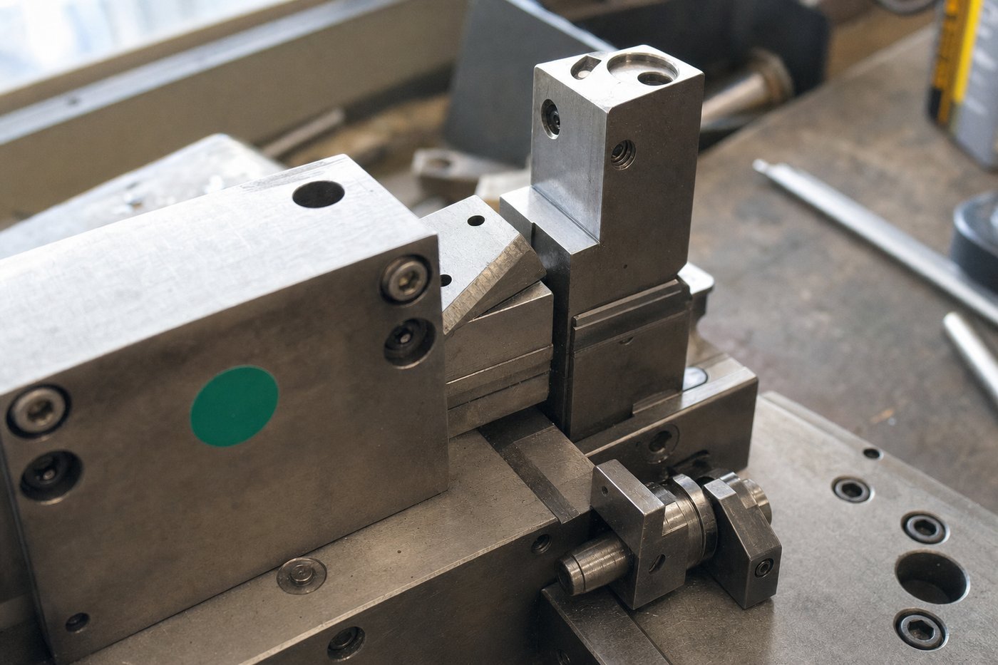 Machined steel tool block clamped in a precision fixture.
